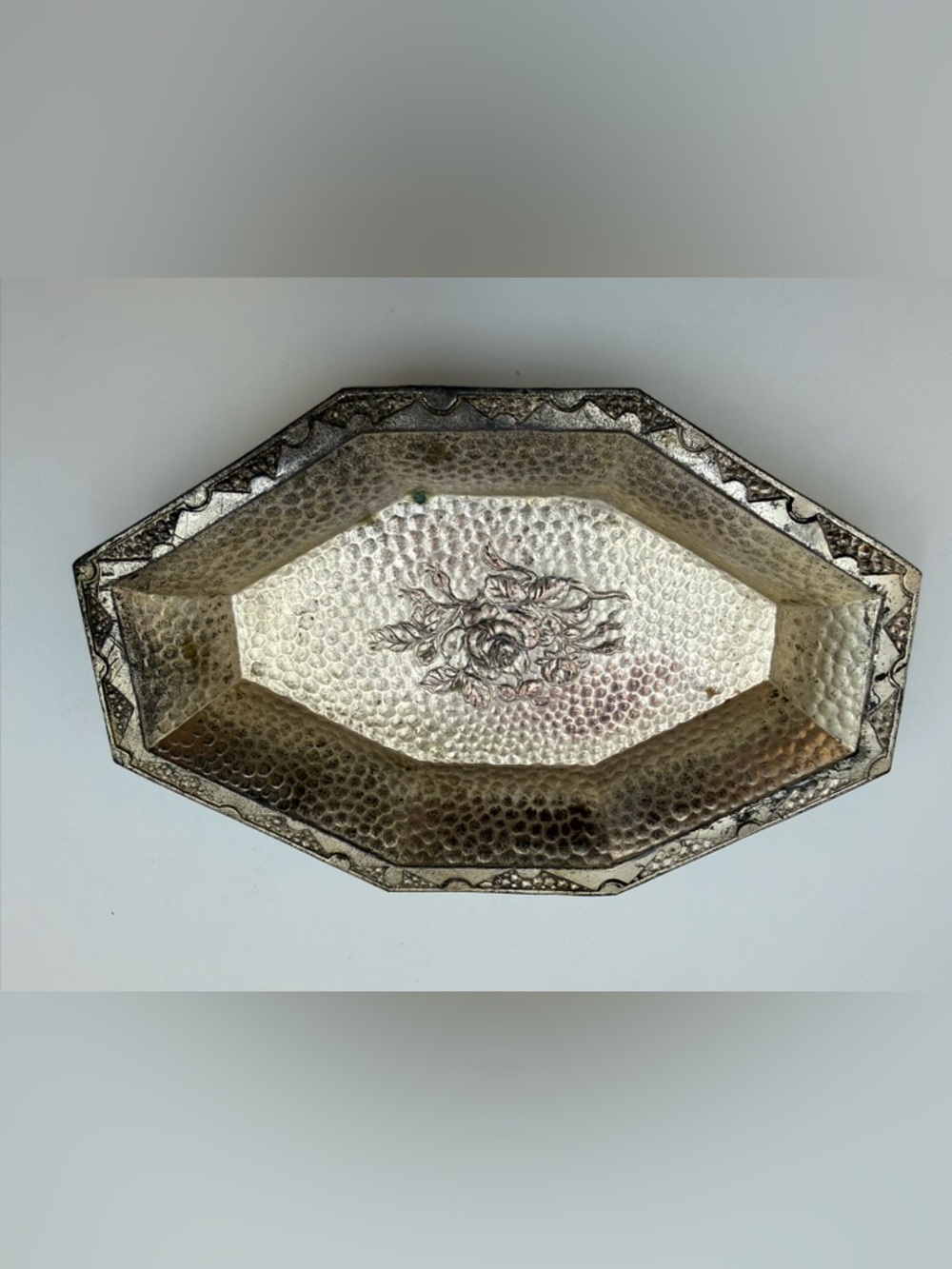 Vintage Silver Tone Metal Trinket Dish with Rose Design 6x4